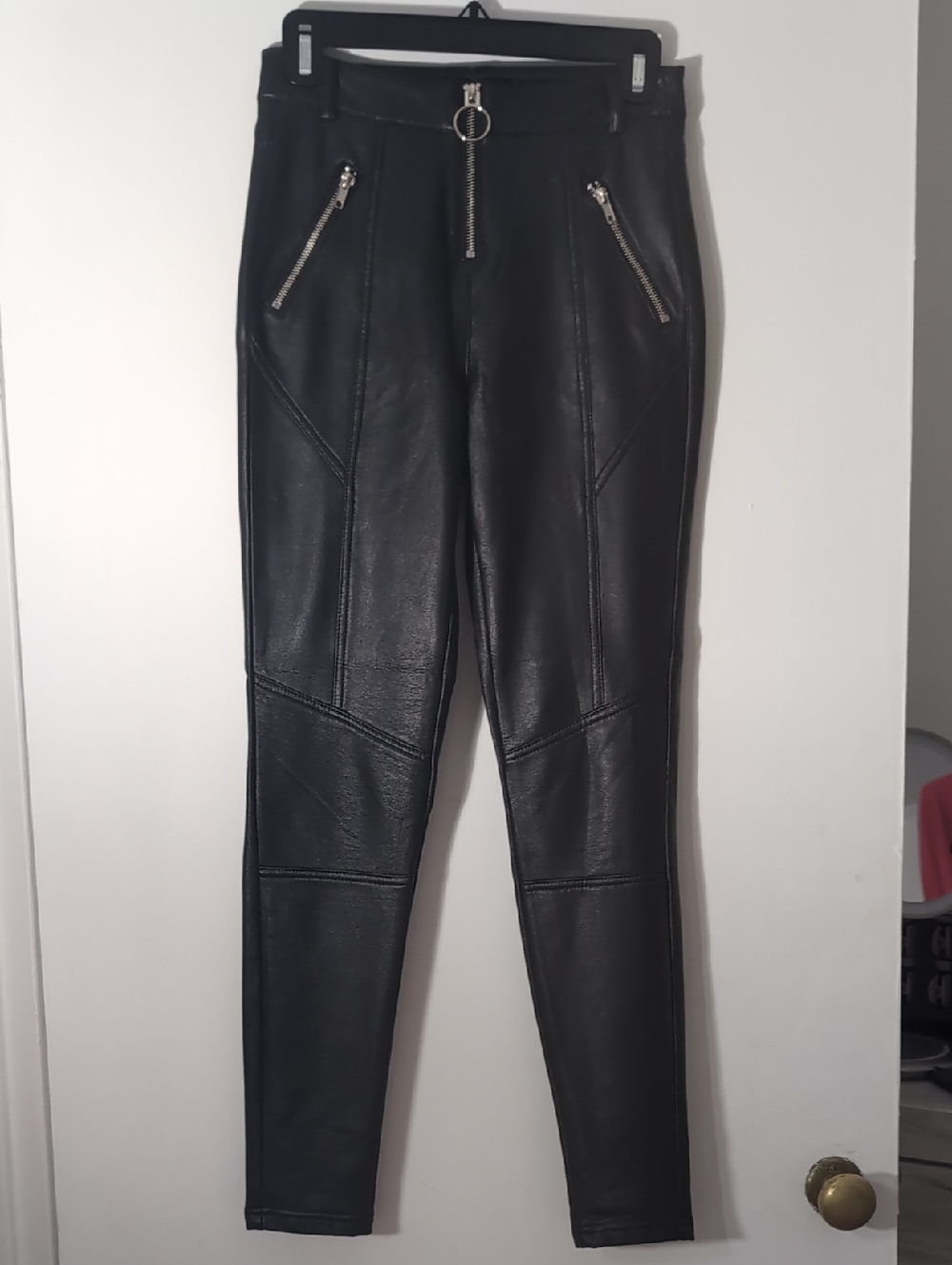 Topshop Black Faux Leather Leggings with Silver Zippers